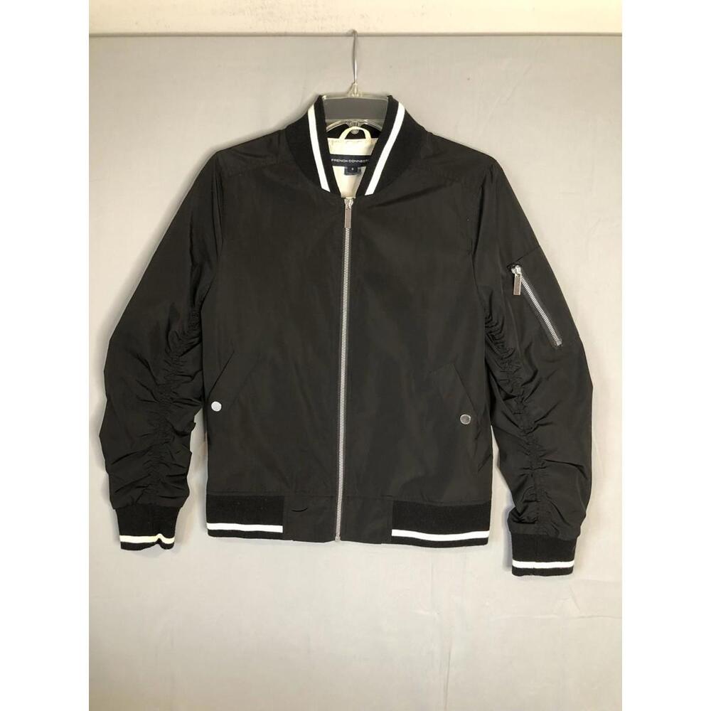 French Connection Womens Blk/Wht Bomber flight jacket sz M Polyurethane Coating
